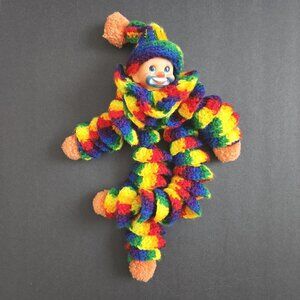 Vtg Curlicue Crochet Clown Doll Rubber Face Handmade Toy Variegated Yarn Pompom